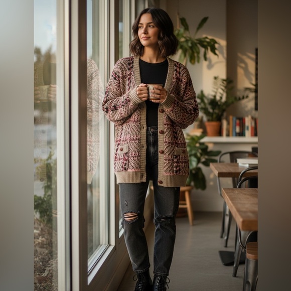 L'AGENCE Sweaters - L'AGENCE Maci Sequin Houndstooth Cardigan Burgundy & Cream